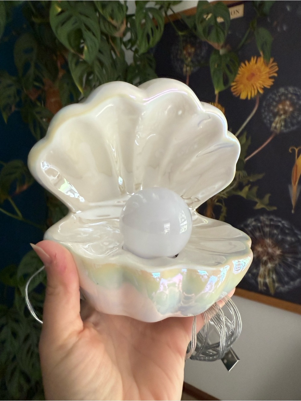 Iridescent Ceramic Clam Shell Night Light with Pearl